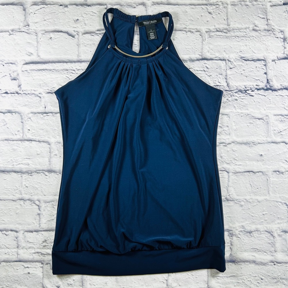 White House Black Market Navy Blue Halter Tank Top Metal Ring Detail Small - Picture 2 of 7